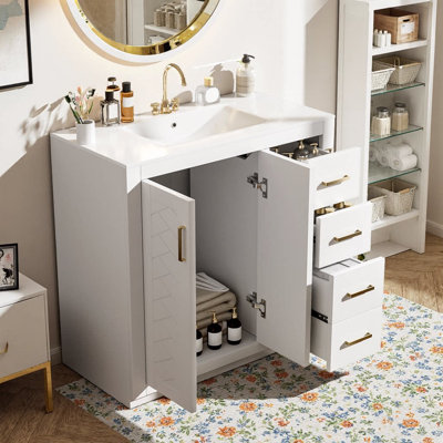 Meuble-lavabo autoportant avec poignées en métal pour salle de bain 36 po avec lavabo en céramique - structure en bois massif, 3 tiroirs à fermeture en douceur et 2 portes à fermeture en douceur