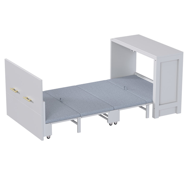 Lit simple gris avec bureau repositionnable et coussin pliable, convient aux petits bureaux à domicile, facile à assembler et doté d'une solution élégante et ajustable, avec une capacité de charge de 500 lb.