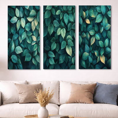 Emerald Green Leaves Lush Layers I – Botanical 3 Panel Metal Wall Decor