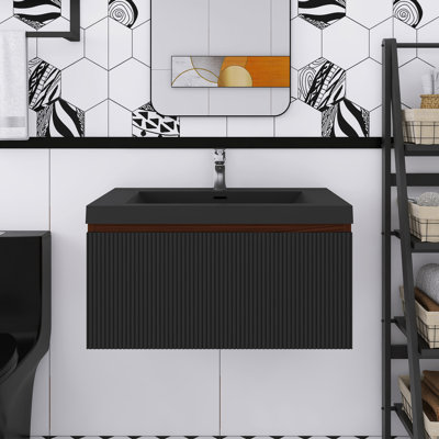 Meuble-lavabo mural en chêne naturel avec comptoir en résine de pierre et tiroirs à fermeture en douceur