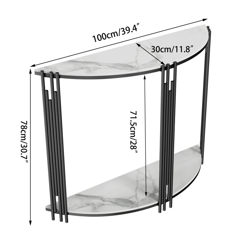 39.4" 2-Tier Half-Moon Sinter Stone Console Table With Black Metal Frame
