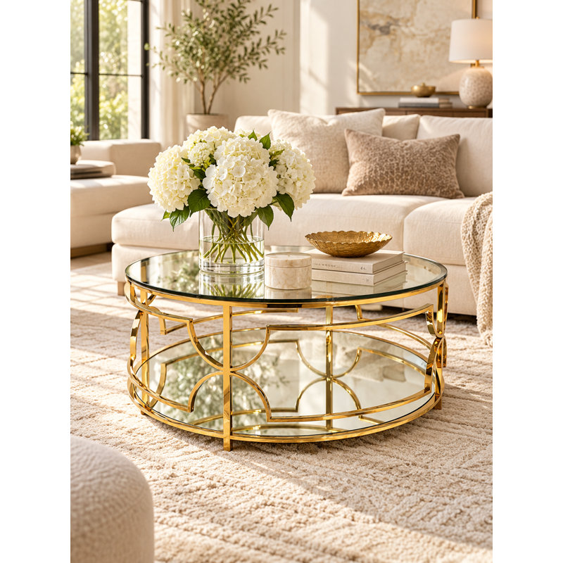 39" Round Tempered Glass Top Coffee Table with Storage Shelf, High Polish Gold
