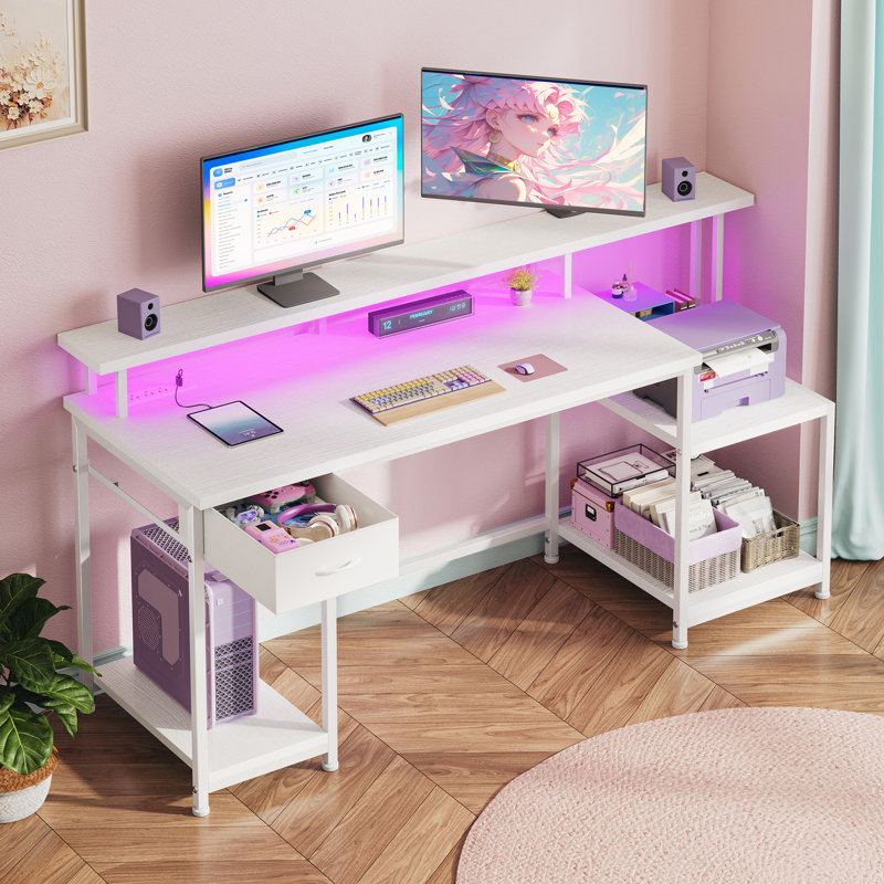 55"W Home Office Computer Desk With Drawers & Printer Shelf,Gaming Desk With Monitor Stand & LED Lights,Writing Desk With Power Outlets