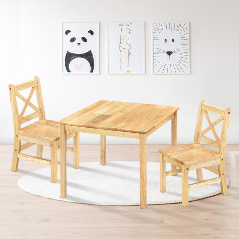 Myona Kids 3 Piece Solid Wood Play Or Activity Table and Chair Set, Natural