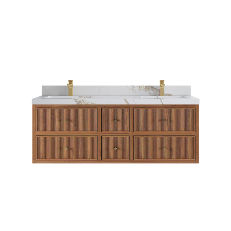 Meuble-lavabo double en teck flottant 60 po avec plateau en quartz Sonoma