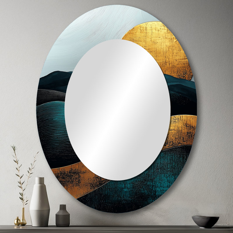 Sunrise On Golden Emerald Mountains Horizon III - Grand miroir mural ovale sur métal, 43 po x 33 po