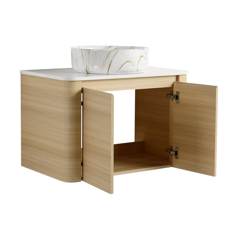 30-Inch Wall-Mounted Bathroom Vanity with Ceramic Art Sink, Soft-Close Doors, and Durable Plywood Construction