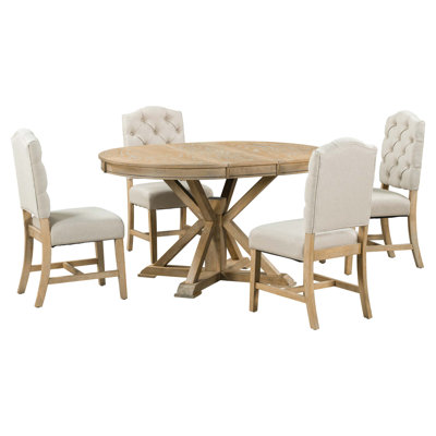 Extendable Butterfly Leaf Dining Table Set with 4 Upholstered Chairs for Versatile Dining and Living Space Use.