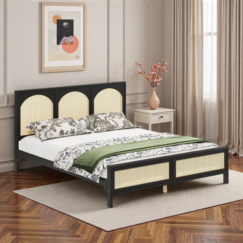 Lit plateforme en bois avec tête de lit en rotin, Très grand lit, Noir