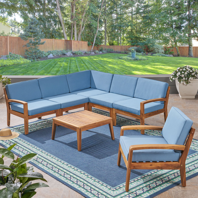 Acacia 5 - Person Modular Patio Conversation Set with Cushions, Teak Frame / Blue Cushion