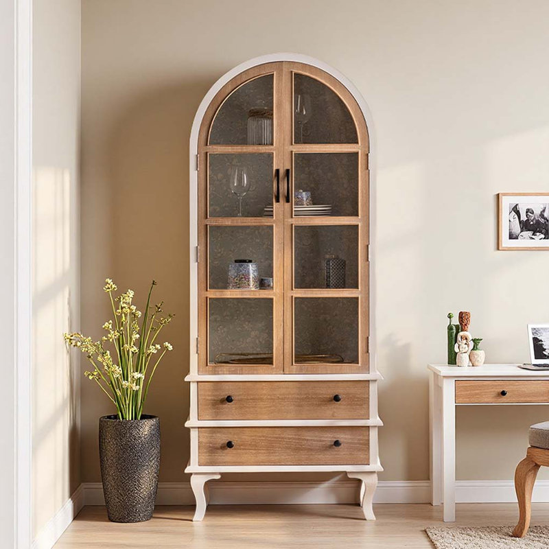 Bibliothèque en bois massif rétro avec porte en verre arquée., Blanc