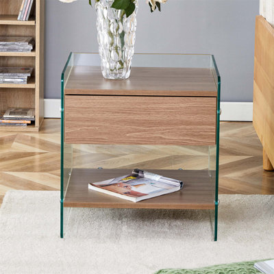 Table de chevet simple et élégante avec tiroirs, avec panneau d'autocollants en panneau de fibres à densité moyenne et verre trempé transparent, idéale pour un excellent rangement