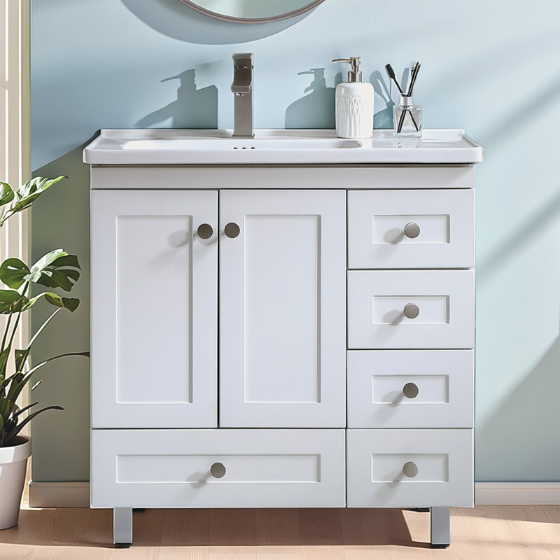 Ensemble de meuble-lavabo simple 32 po moderne - élégant meuble autoportant blanc avec lavabo en céramique intégré et rangement