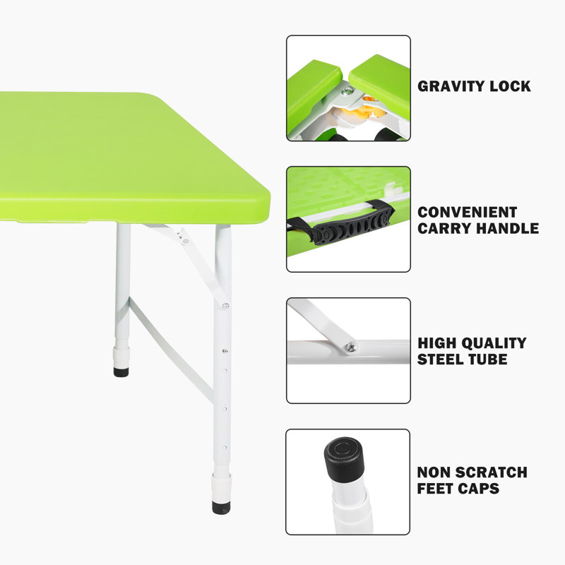 Table de camping portable pliable 4 pi, capacité de charge de 135 kg, facile à plier avec prise fixe, plateau de table lisse et imperméable, structure de support triangulaire stable, fabrication en acier