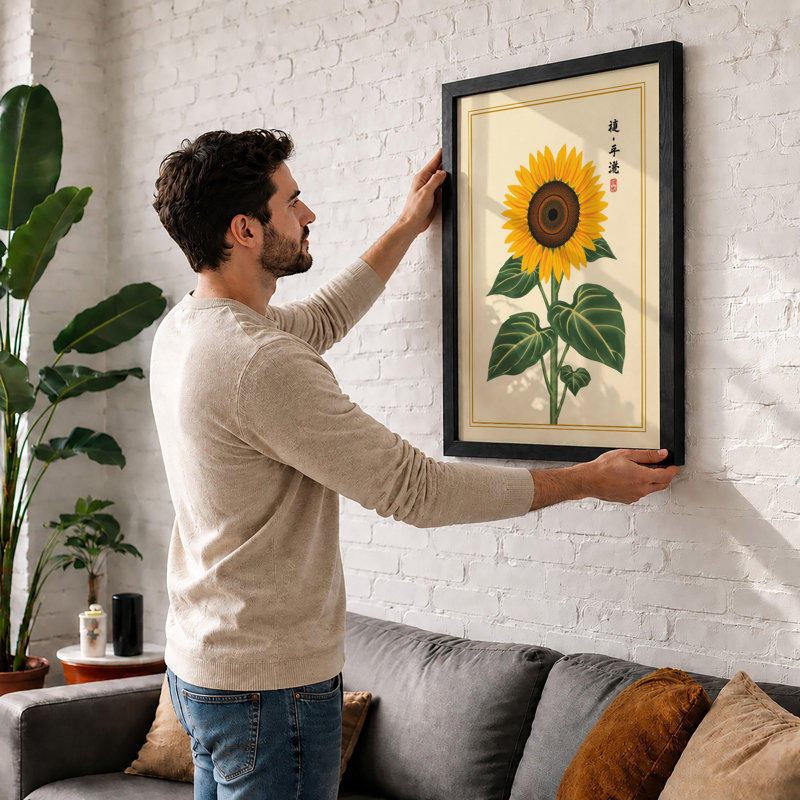 Golden Sunflower Study Botanical - Print, A2 - 59.4 x 42.0 cm, Black