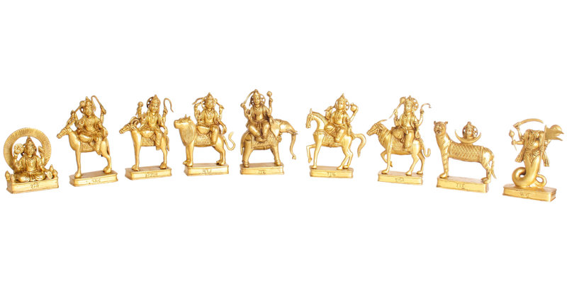 6" Handmade Navagraha Brass Statue Set - Nine Planet Deities Collection - Hindu Astrology Home Altar Decor - Indian Crafted Spiritual Figurines