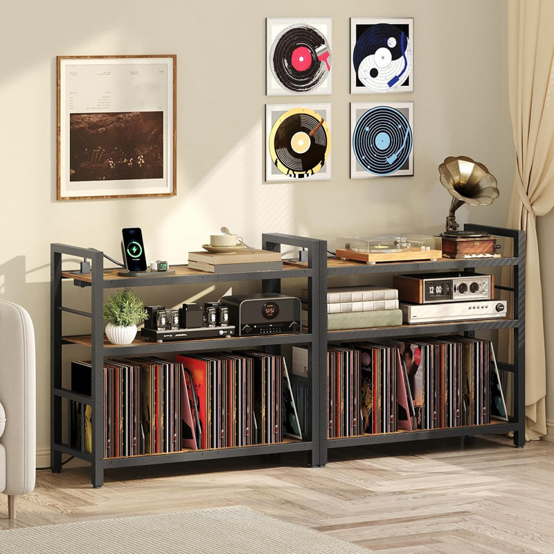 Support pour platine vinyle avec station de charge, table de rangement à 3 niveaux pour 200 disques vinyles avec séparateurs, idéal pour un coin musique.