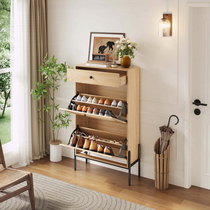 Armoire de rangement à chaussures 2 portes avec façades en rotin et tiroir