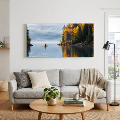 Yellow Canoe on Misty Lake with Golden Autumn Trees Canvas Wall Art
