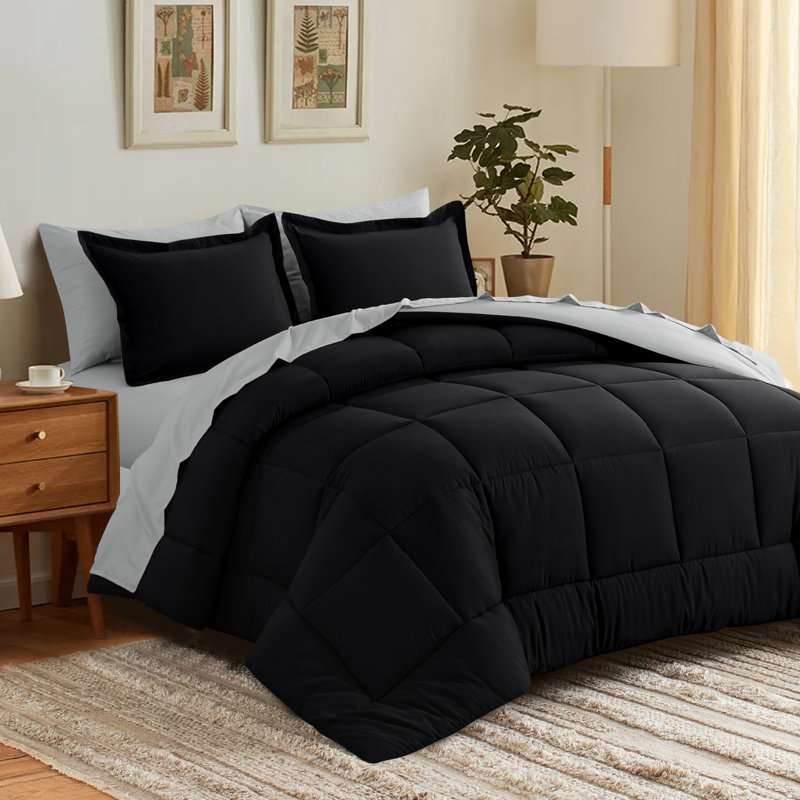 Ensemble d'édredon en microfibre 5/7-pièces , Noir / gris clair, Édredon pour grand lit simple + 4 pièces supplé