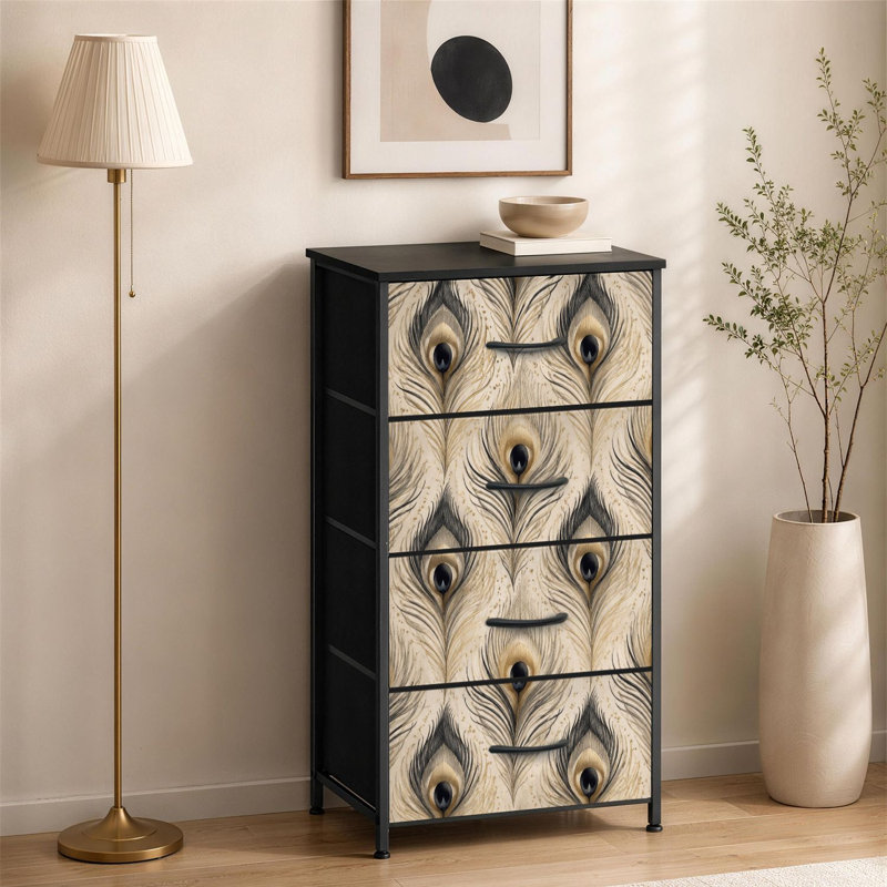 Commode à 4 tiroirs pour la chambre à coucher Élégante plume de paon en or et petite commode pour vêtements
