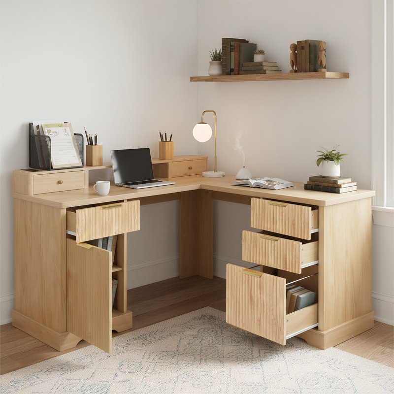 59" Modern Fluted L-Shaped Desk With Charging Station & Storage Cabinet - Home Office Computer Desk With Monitor Stand (Not Include Stools)