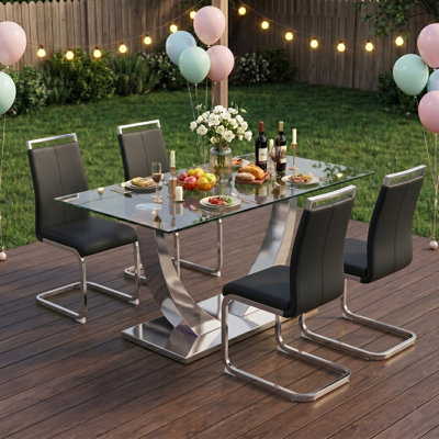 Modern 63" Rectangular Glass Dining Set with Metal Base