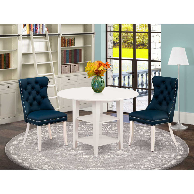 3-Piece Linen White Finish Round Solid Wood Top With Dropleaf Dining Table Set, Navy