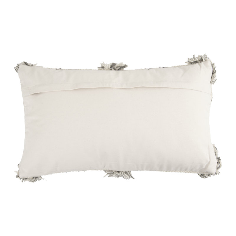 Cream and Gray Wool Kilim Pillow with Fringe Accents