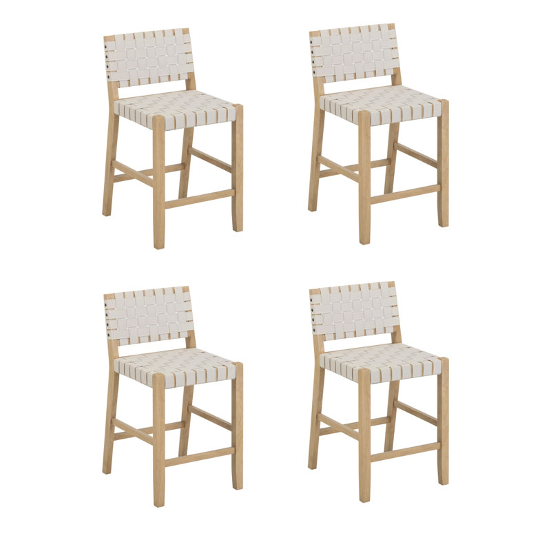 Woven Faux Leather Bar Stool With Back And Solid Wood Legs, 4