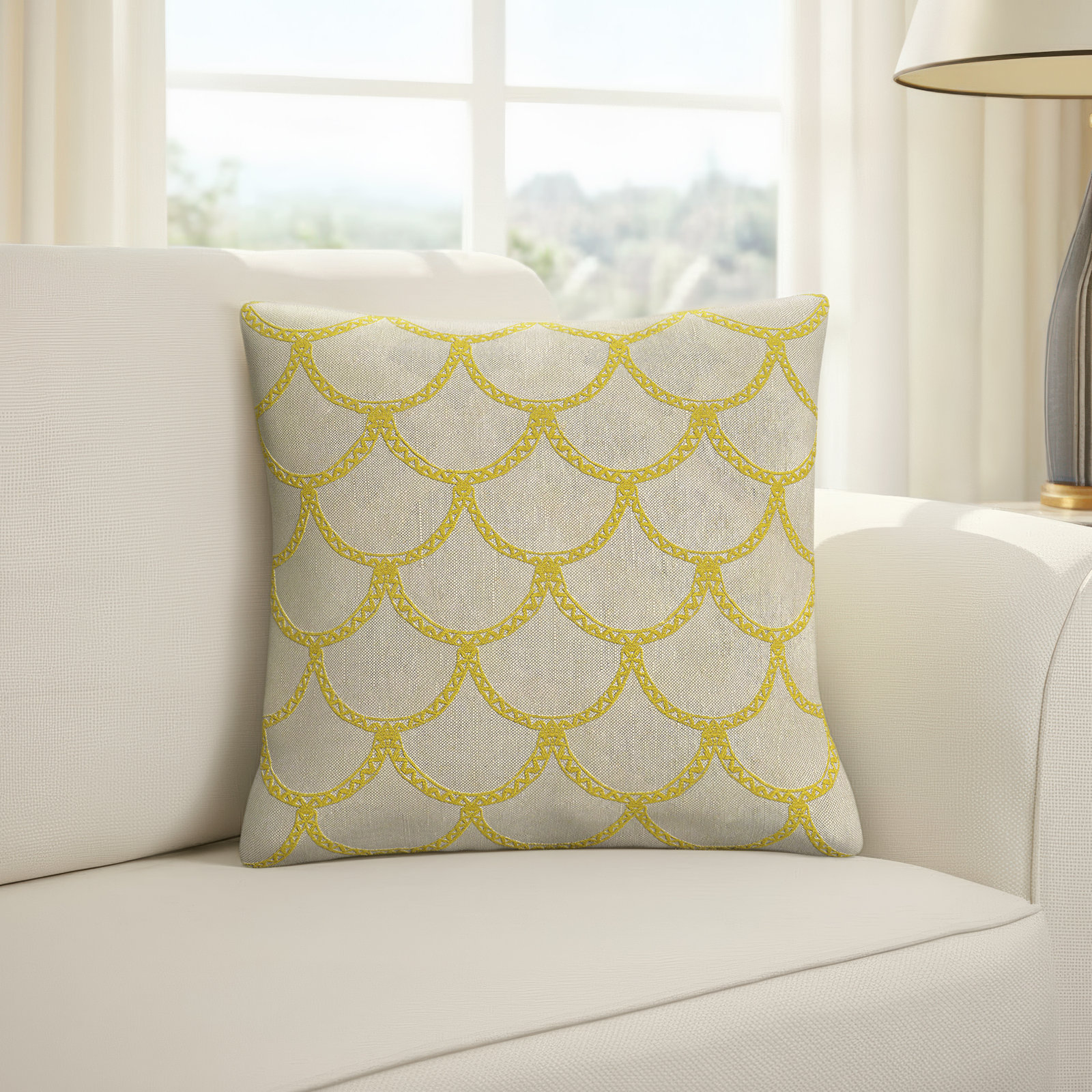 Cedartown Embroidered Linen Pillow Cover, 22" H x 22" W x 1" D, Buttercup