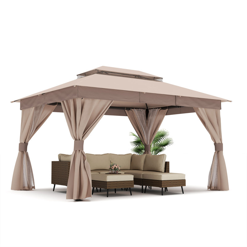 Pavillon de jardin extérieur 13 pi x 10 pi avec double toit Decksplore, moustiquaire, rideaux d'intimité et structure en métal robuste