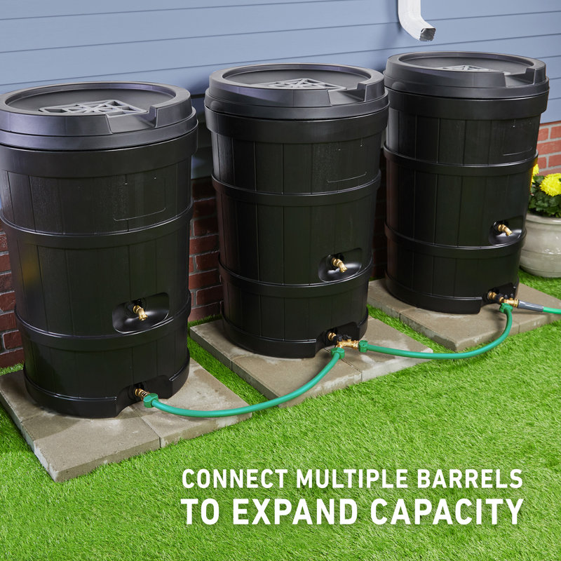 Mighty Tuff 48-Gallon Rain Barrel - Black, Dual Spiggot, Built-in Debris Filter and Overflow Channel