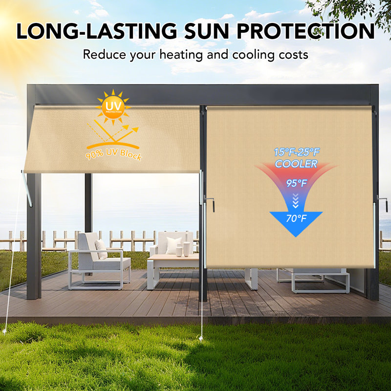 Shade&Beyond 8" X 8" Manual Retractable Awnings for Patio Shades Roll Up Outdoor Sunshade Cloth for Backyard, Garden, Balcony, Sesame