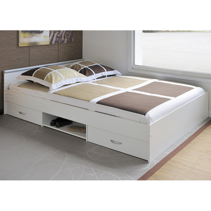 Lit plateforme avec rangement, Blanc, Double