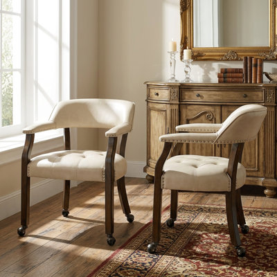 Wexford Collection Set of 2 Mid-Century Modern Upholstered Dining Chairs, Faux Leather Wood Accent Chairs with Arms and Casters for Dining Room, Kitchen or Office