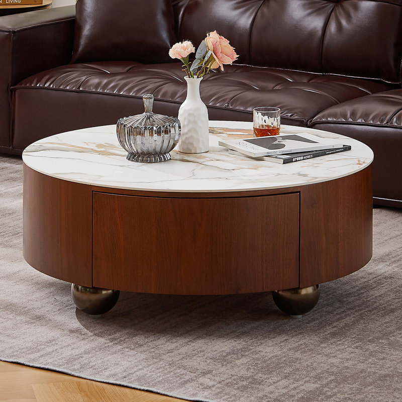 35.4" Modern Faux Marble Coffee Table Round With Classic Solid Wood Base Walnut Veneer 2 Storage Drawers Included For Living Room.