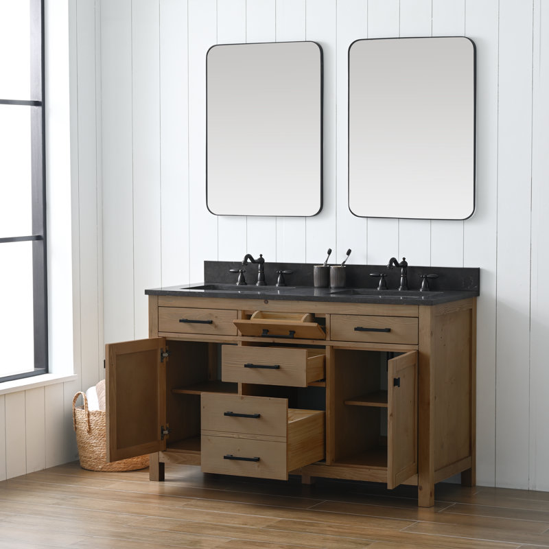 Ajiya 54" Double Bathroom Vanity Set, Textured Natural/Matte Black, Carrara White