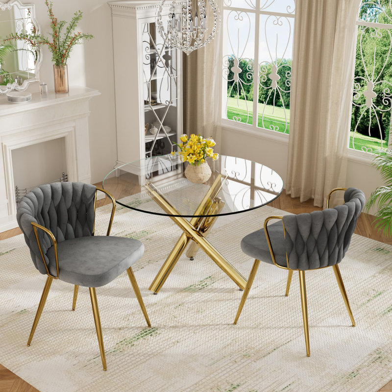 Ensemble de table de salle à manger Elegant, 3 pièces: table, 2 chaises, Gris, Doré