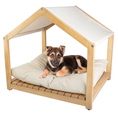 Niche pour chien PETMAKER en bois massif - Niche d'intérieur 76 x 61 cm avec coussin moelleux et toit en coton blanc ajustable pour chiens de petite et moyenne taille