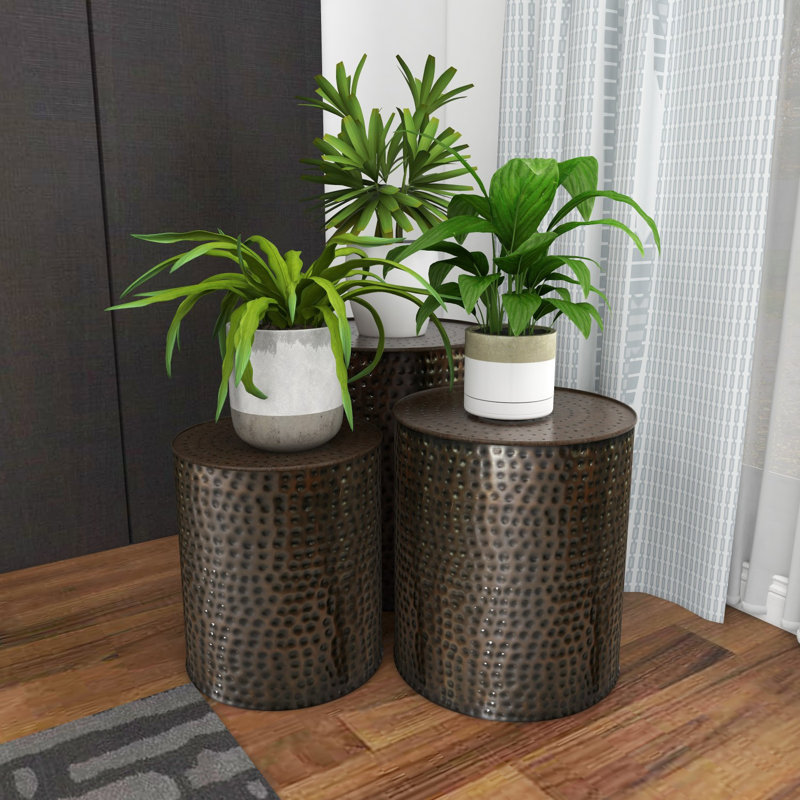 Korinthian 3 Pieces Metal Handmade Accent Table with Hammered Design 21", 18", 16" H, Bronze
