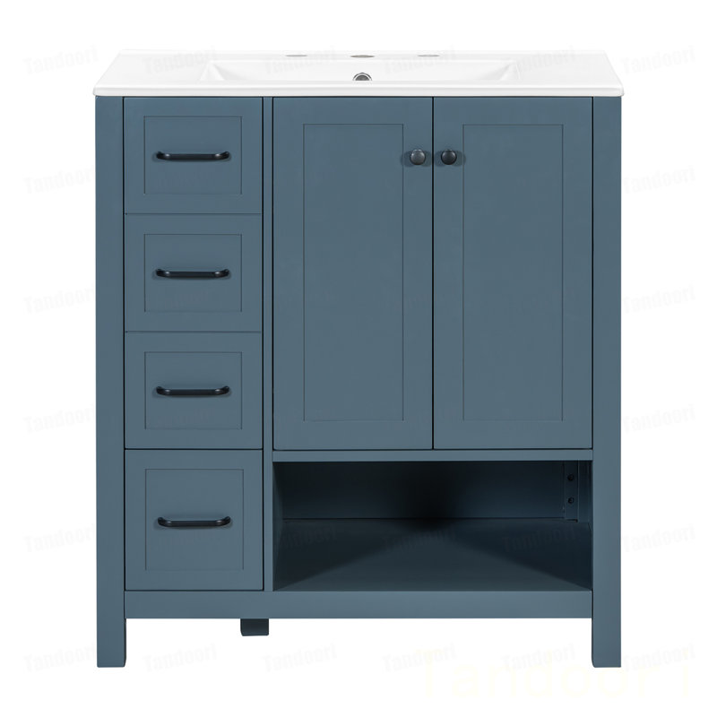 Meuble-lavabo de salle de bain avec comptoir, meuble-lavabo avec deux portes et deux tiroirs, bois massif, tablette ouverte, panneaux de fibres à densité moyenne, un paquet, gris