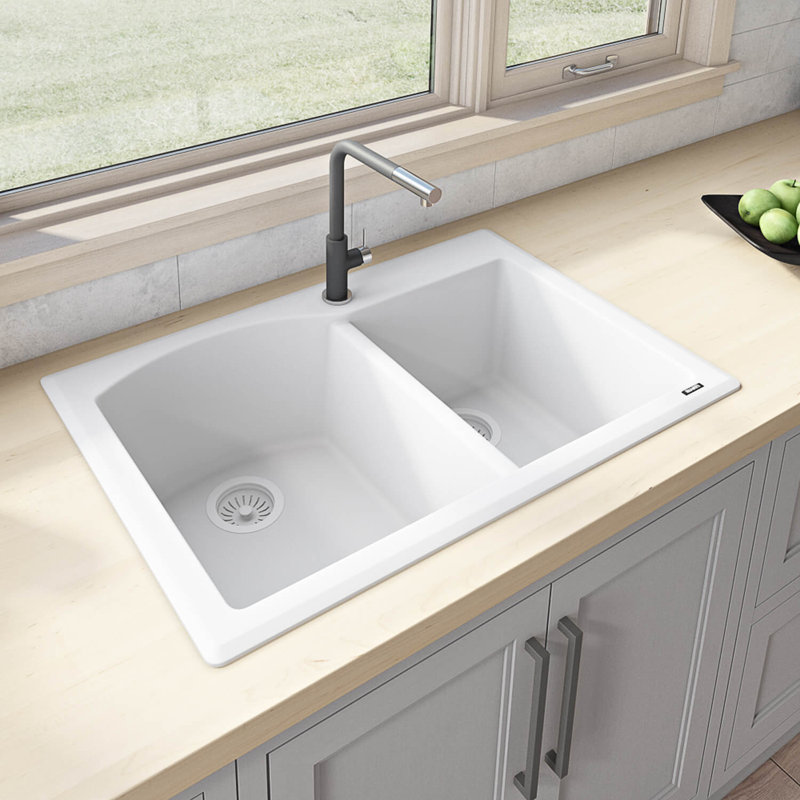 33" L x 22" W Double Basin Dual Mount Kitchen Sink, Arctic White