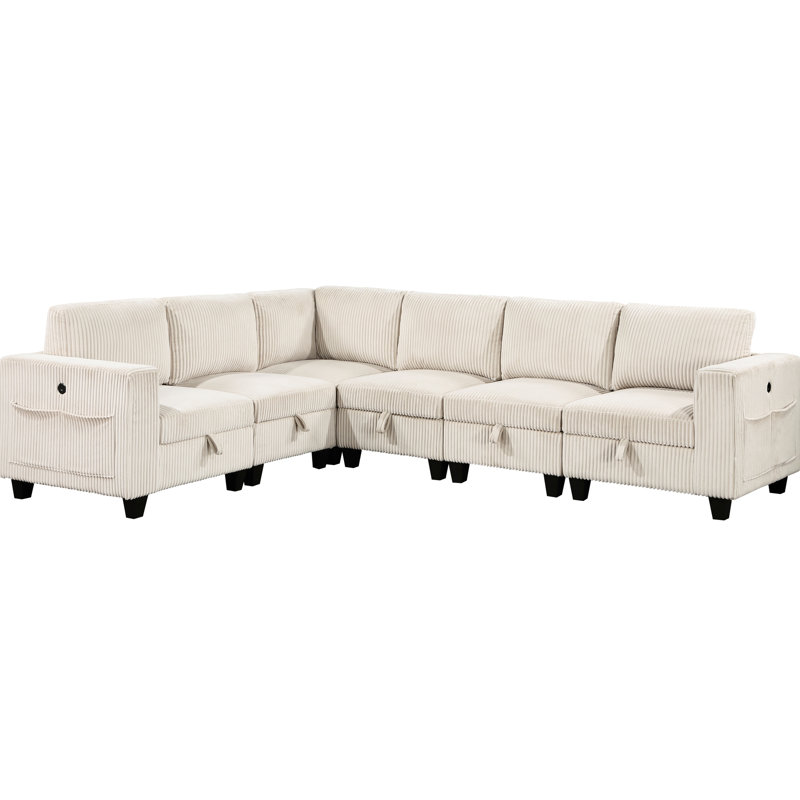 Living Room 6 Sectional With Side Pockets, Beige Corduroy & Charging Sectional, Pockets Detachable Back Cushions