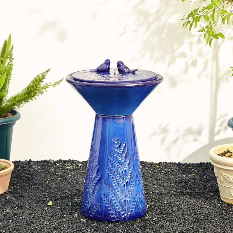 Two Birds Embossed Plant Pattern Pedestal Ceramic Fountain With Light, Cobalt Blue