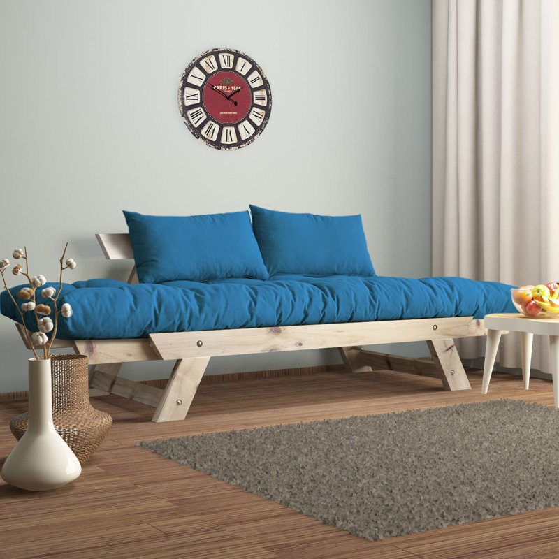 Convertible Pine Wood 2-Seat Outdoor Sofa With Waterproof Linen Cushions, Natural, Blue
