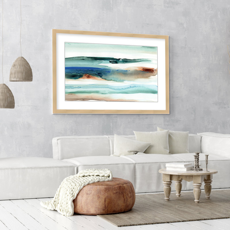 Coastal Retreat Beach Waves Abstract, 36" H x 48" W x 1.125" D, Beige, Framed Matted Print