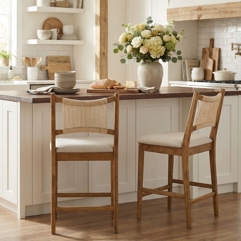 Viren Modern Urban Rubberwood Upholstered Counter Stool with Woven Backrest, Beige Seat/Beige Rope and Walnut Frame, 2