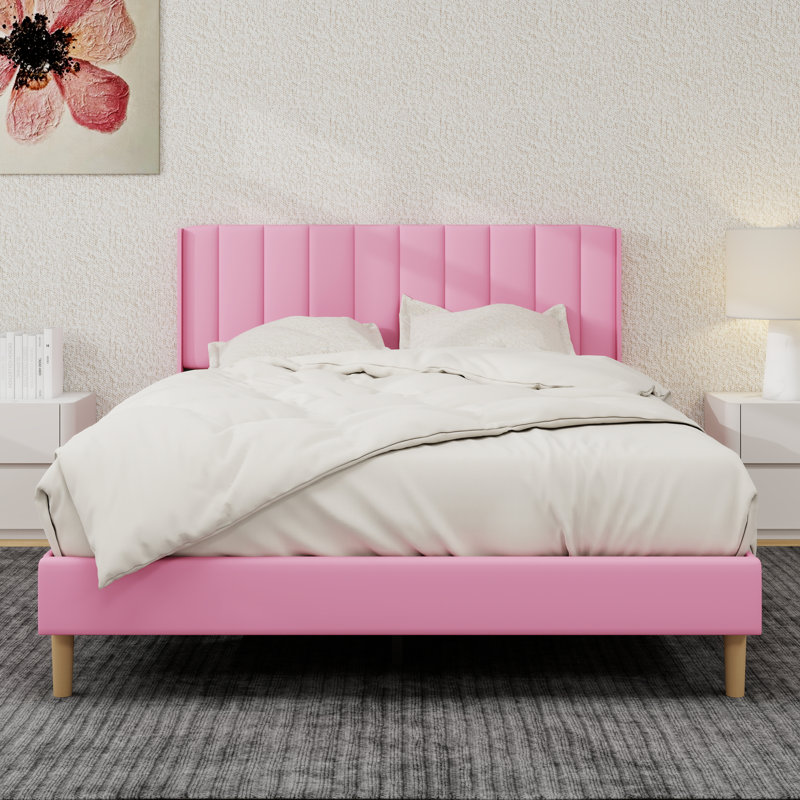 Upholstered Platform Bed Frame, Queen, Pink