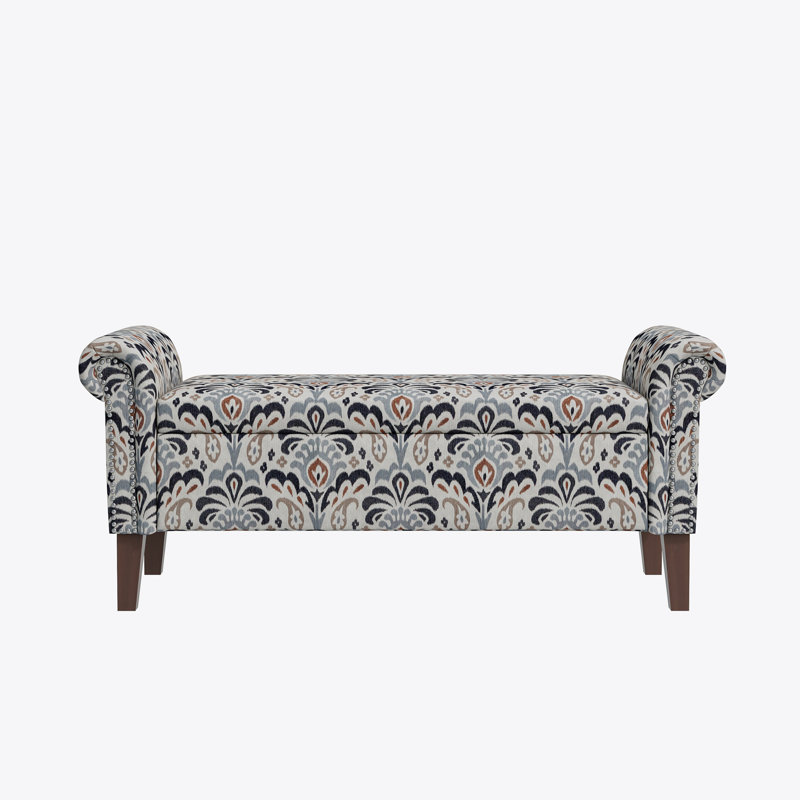 Olwyn Polyester Upholstered Storage Bench, Gray/Black Damask